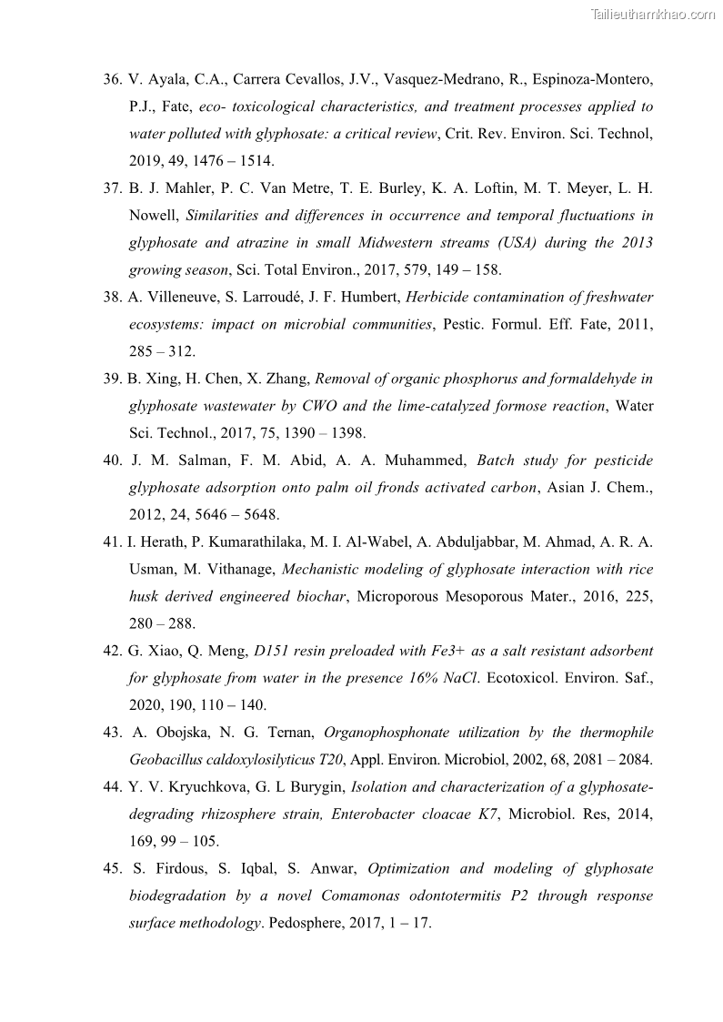 Luận án tiến sĩ kỹ thuật môi trường Nghiên cứu xử lý hóa chất bảo vệ thực vật glyphosate trong nước bằng quá trình oxy hóa điện hóa kết hợp với thiết bị phản ứng sinh học – màng MBR - 27 Trang 157
