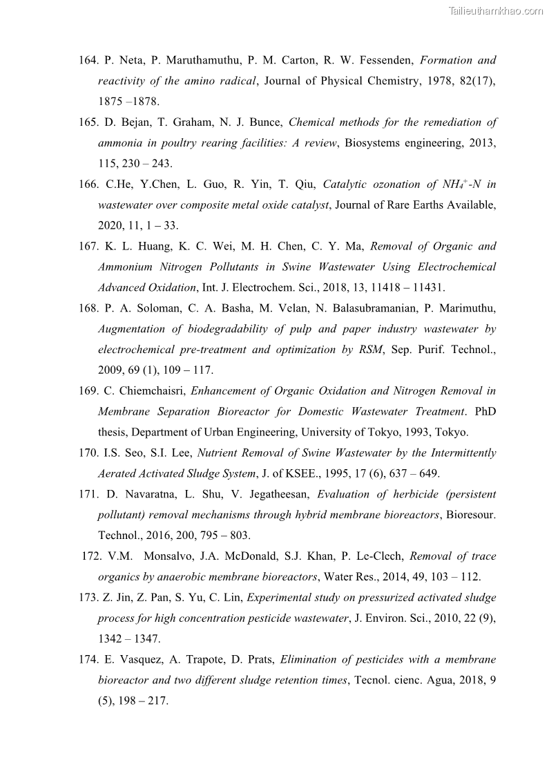 Luận án tiến sĩ kỹ thuật môi trường Nghiên cứu xử lý hóa chất bảo vệ thực vật glyphosate trong nước bằng quá trình oxy hóa điện hóa kết hợp với thiết bị phản ứng sinh học – màng MBR - 29 Trang 169