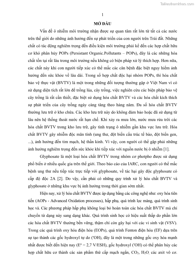 Luận án tiến sĩ kỹ thuật môi trường Nghiên cứu xử lý hóa chất bảo vệ thực vật glyphosate trong nước bằng quá trình oxy hóa điện hóa kết hợp với thiết bị phản ứng sinh học – màng MBR - 3 Trang 13
