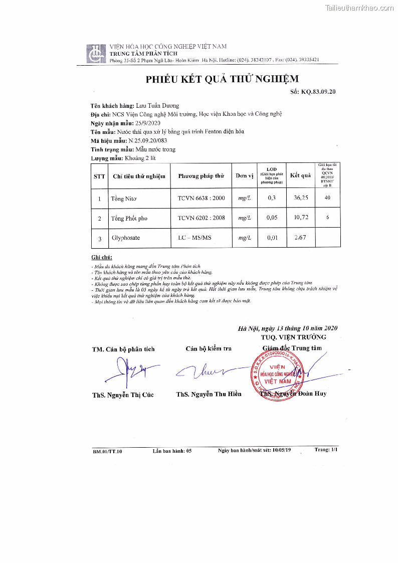 Luận án tiến sĩ kỹ thuật môi trường Nghiên cứu xử lý hóa chất bảo vệ thực vật glyphosate trong nước bằng quá trình oxy hóa điện hóa kết hợp với thiết bị phản ứng sinh học – màng MBR - 37 Trang 217
