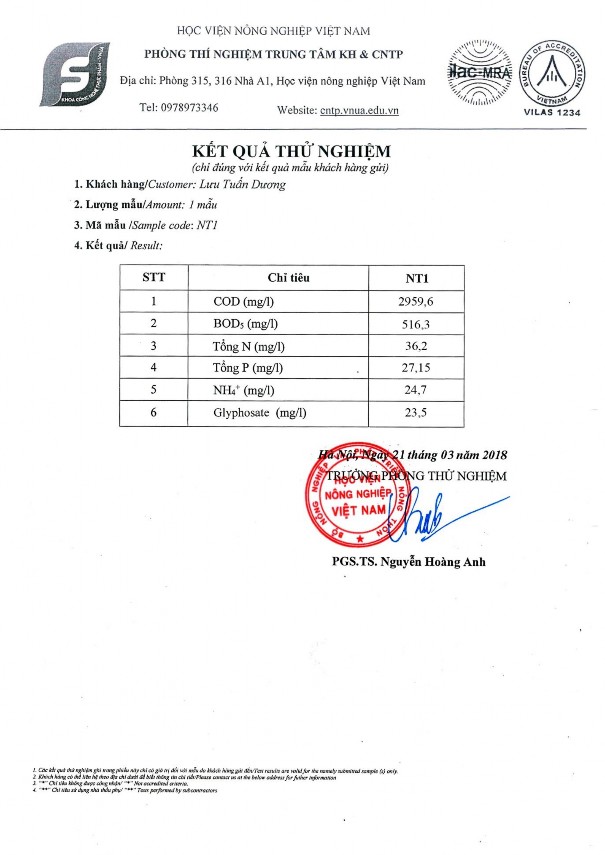 Kết quả phân tích mẫu nước thải chưa qua xử lý tại công ty trách nhiệm hữu 1