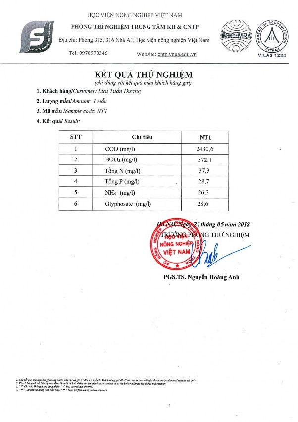 Kết quả phân tích mẫu nước thải chưa qua xử lý tại công ty trách nhiệm hữu 2