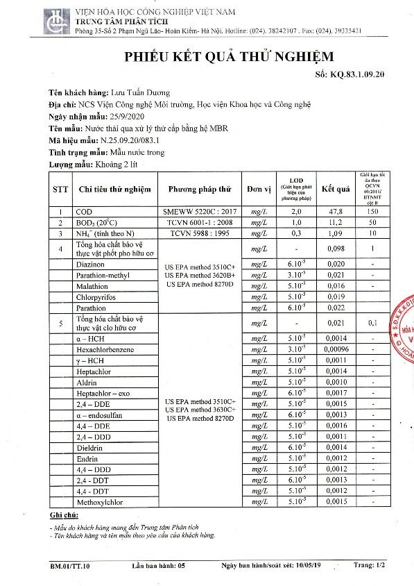 Xử lý nước thải công ty TNHH Việt Thắng bằng quá trình kết hợp EF và MBR 7