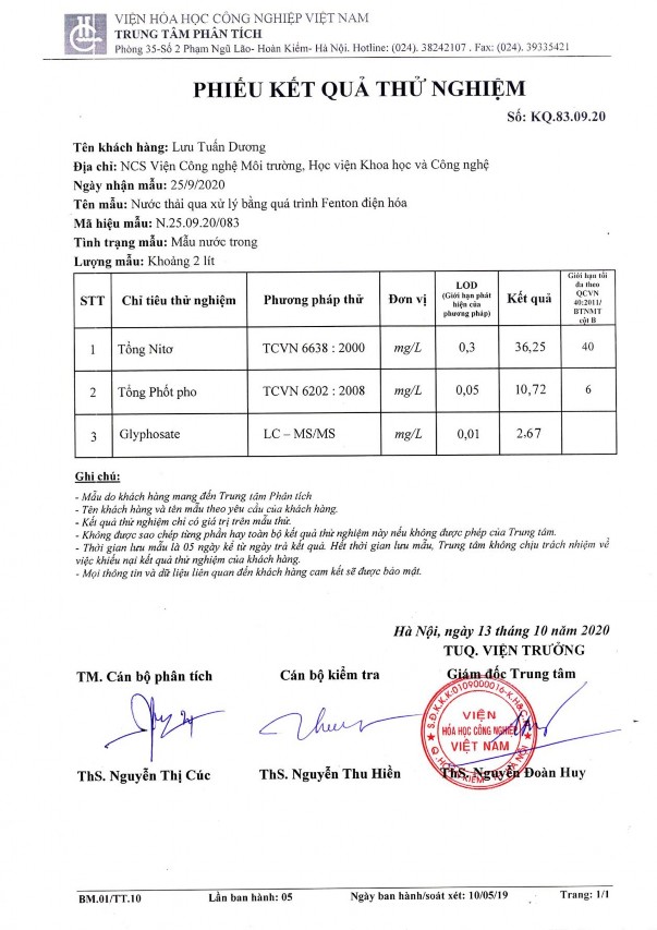 Nghiên cứu xử lý hóa chất bảo vệ thực vật glyphosate trong nước bằng quá trình oxy hóa điện hóa kết hợp với thiết bị phản ứng sinh học – màng MBR 28 1