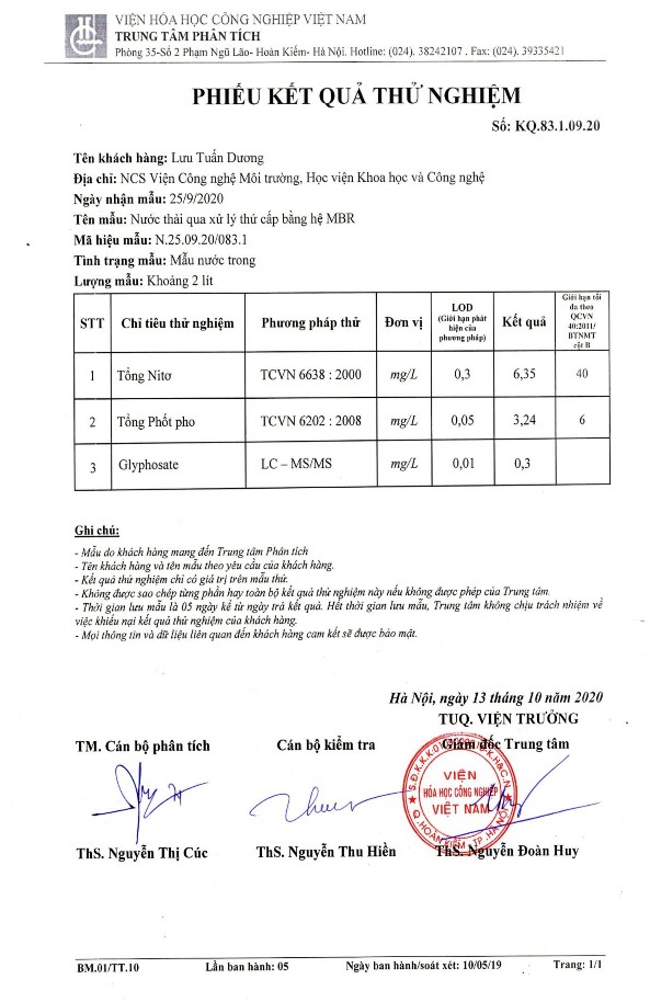Nghiên cứu xử lý hóa chất bảo vệ thực vật glyphosate trong nước bằng quá trình oxy hóa điện hóa kết hợp với thiết bị phản ứng sinh học – màng MBR 28 2
