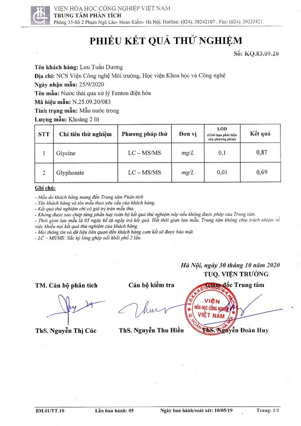 Nghiên cứu xử lý hóa chất bảo vệ thực vật glyphosate trong nước bằng quá trình oxy hóa điện hóa kết hợp với thiết bị phản ứng sinh học – màng MBR 28 4
