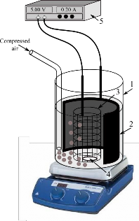 1 Bình phản ứng 250 mL 2 Điện cực âm 3 Điện cực dương 4 Con khuấy từ 1