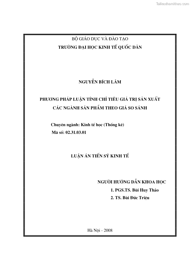 Luận án tiến sĩ kinh tế Phương pháp luận tính chỉ tiêu giá trị sản xuất các ngành sản phẩm theo giá so sánh - 1 Trang 1