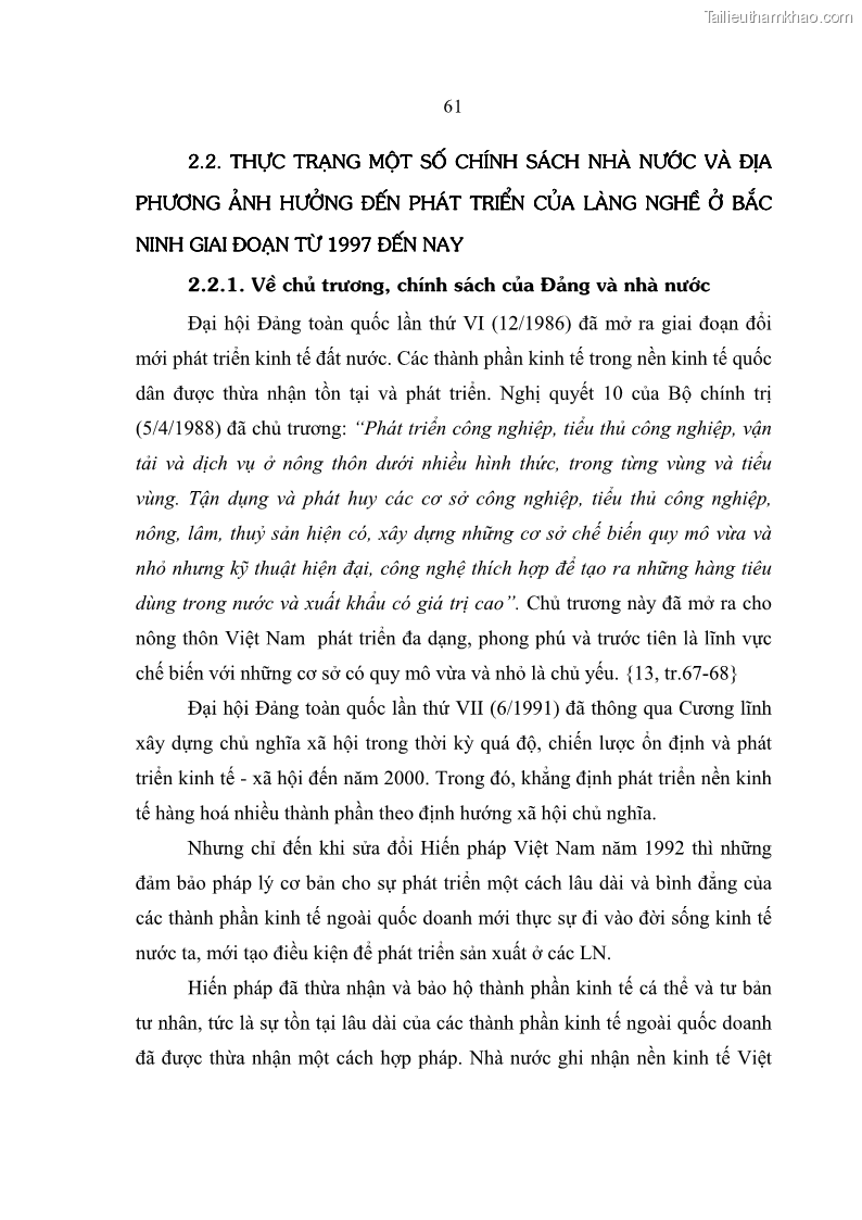 Luận án tiến sĩ kinh tế Quá trình hoàn thiện các chính sách thúc đẩy phát triển làng nghề ở tỉnh Bắc Ninh giai đoạn từ 1997 đến 2003 - thực trạng, kinh nghiệm và giải pháp - 11 Trang 61