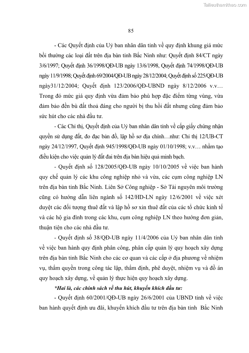 Luận án tiến sĩ kinh tế Quá trình hoàn thiện các chính sách thúc đẩy phát triển làng nghề ở tỉnh Bắc Ninh giai đoạn từ 1997 đến 2003 - thực trạng, kinh nghiệm và giải pháp - 15 Trang 85