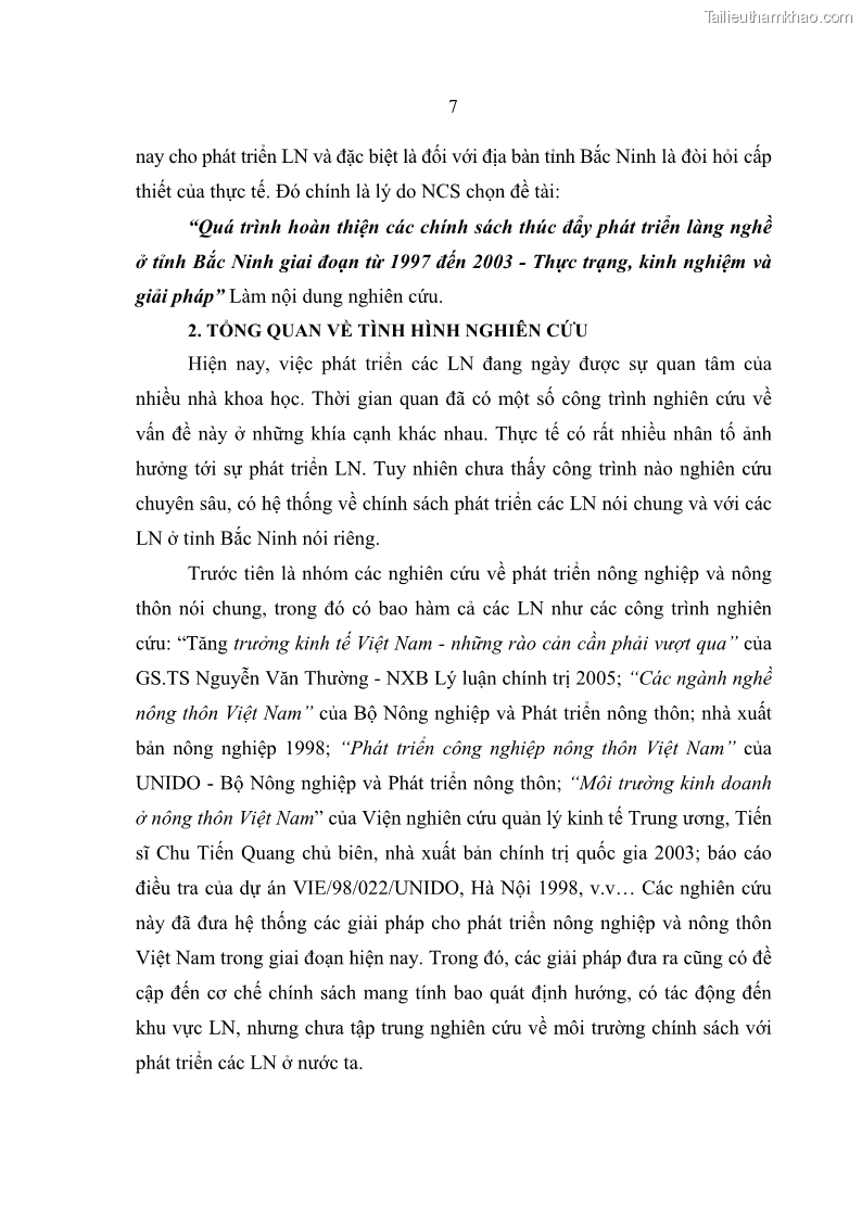 Luận án tiến sĩ kinh tế Quá trình hoàn thiện các chính sách thúc đẩy phát triển làng nghề ở tỉnh Bắc Ninh giai đoạn từ 1997 đến 2003 - thực trạng, kinh nghiệm và giải pháp - 2 Trang 7
