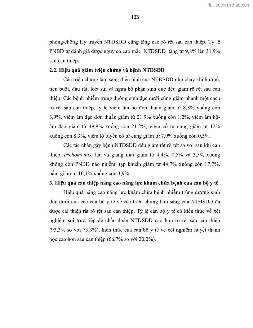 Luận án tiến sĩ y học Thực trạng mắc các bệnh nhiễm trùng đường sinh dục dưới ở phụ nữ bán dâm tại Trung tâm Chữa bệnh-Giáo dục-Lao động Xã hội số II Hà Nội và đánh giá hiệu quả can thiệp - 23 Trang 133