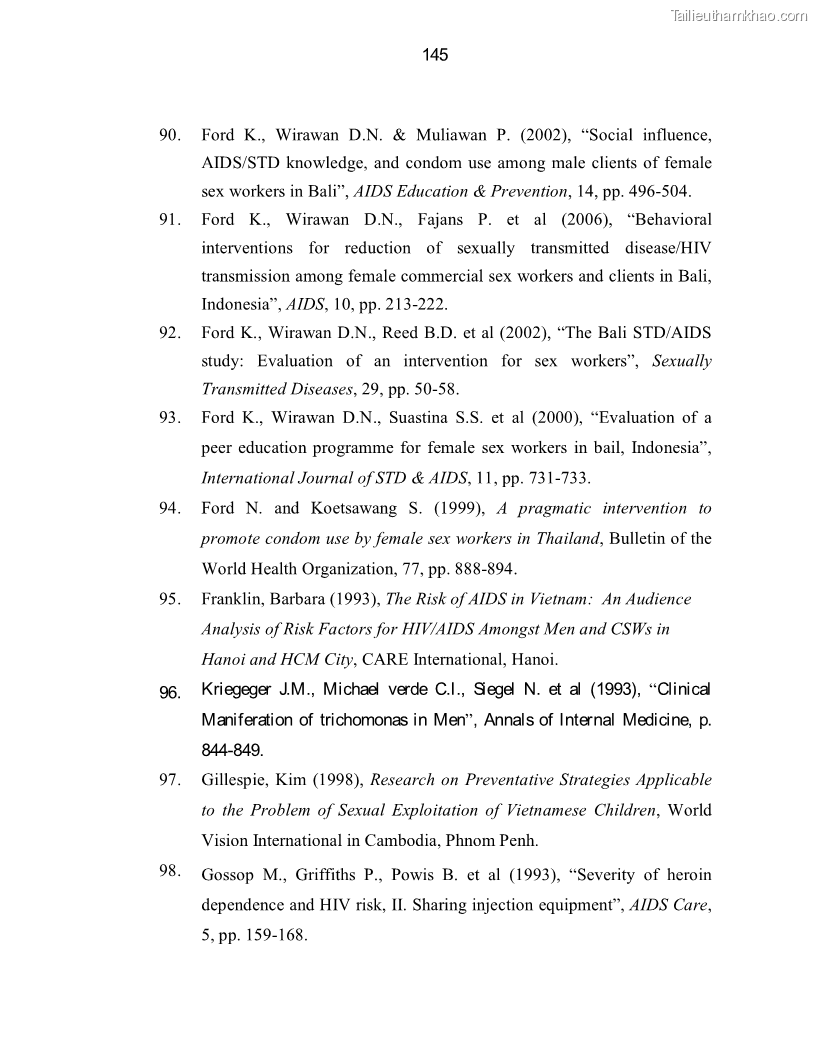 Luận án tiến sĩ y học Thực trạng mắc các bệnh nhiễm trùng đường sinh dục dưới ở phụ nữ bán dâm tại Trung tâm Chữa bệnh-Giáo dục-Lao động Xã hội số II Hà Nội và đánh giá hiệu quả can thiệp - 25 Trang 145