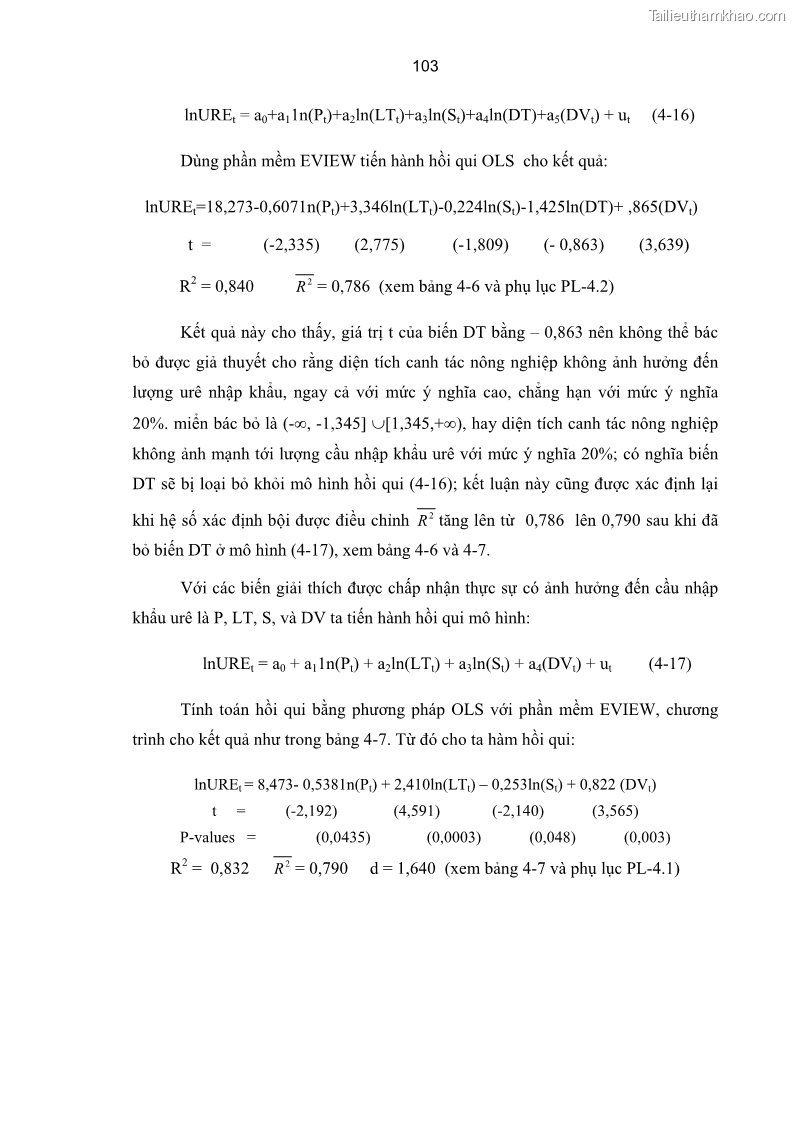 Luận án tiến sĩ kinh tế Xác định hàm cầu nhập khẩu vật tư nông nghiệp của Việt Nam trong thời kỳ đổi mới lấy ví dụ phân bón Urê - 19 Trang 109