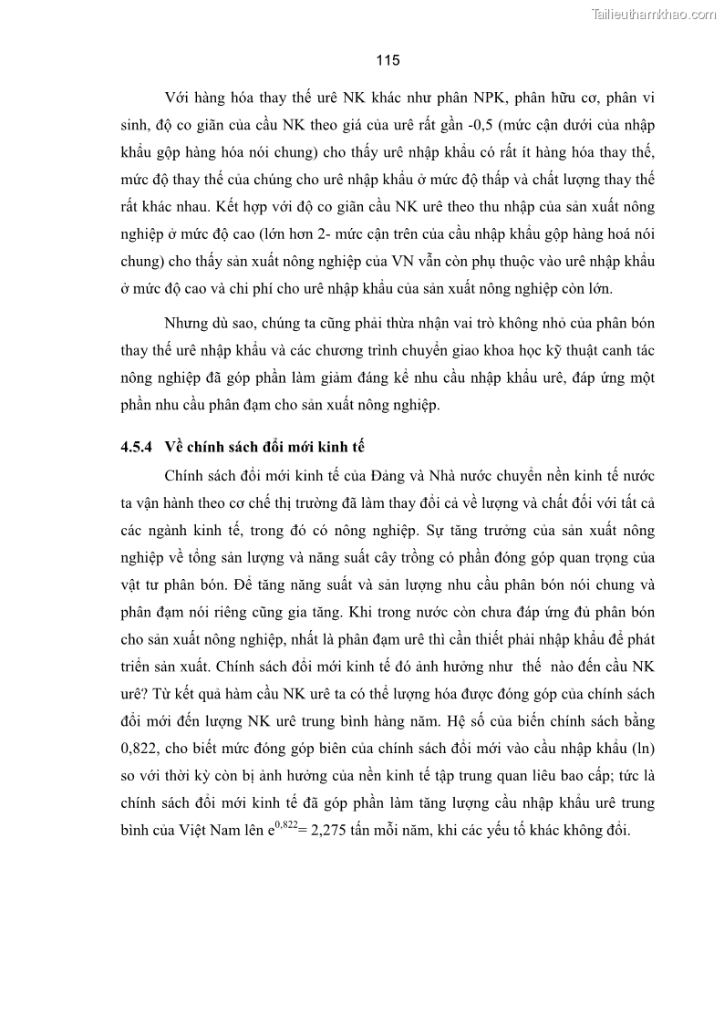 Luận án tiến sĩ kinh tế Xác định hàm cầu nhập khẩu vật tư nông nghiệp của Việt Nam trong thời kỳ đổi mới lấy ví dụ phân bón Urê - 21 Trang 121