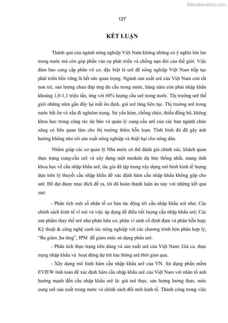 Luận án tiến sĩ kinh tế Xác định hàm cầu nhập khẩu vật tư nông nghiệp của Việt Nam trong thời kỳ đổi mới lấy ví dụ phân bón Urê - 23 Trang 133