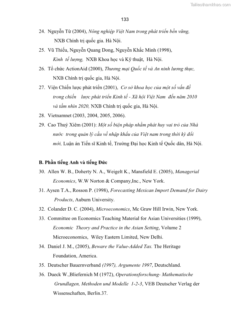 Luận án tiến sĩ kinh tế Xác định hàm cầu nhập khẩu vật tư nông nghiệp của Việt Nam trong thời kỳ đổi mới lấy ví dụ phân bón Urê - 24 Trang 139