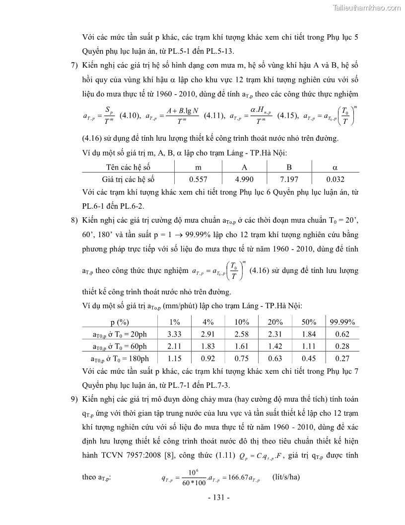 Luận án tiến sĩ kỹ thuật Nghiên cứu xác định một số tham số về mưa góp phần hoàn thiện công thức tính lưu lượng thiết kế công trình thoát nước nhỏ trên đường trong điều kiện khí hậu Việt Nam - 25 Trang 145