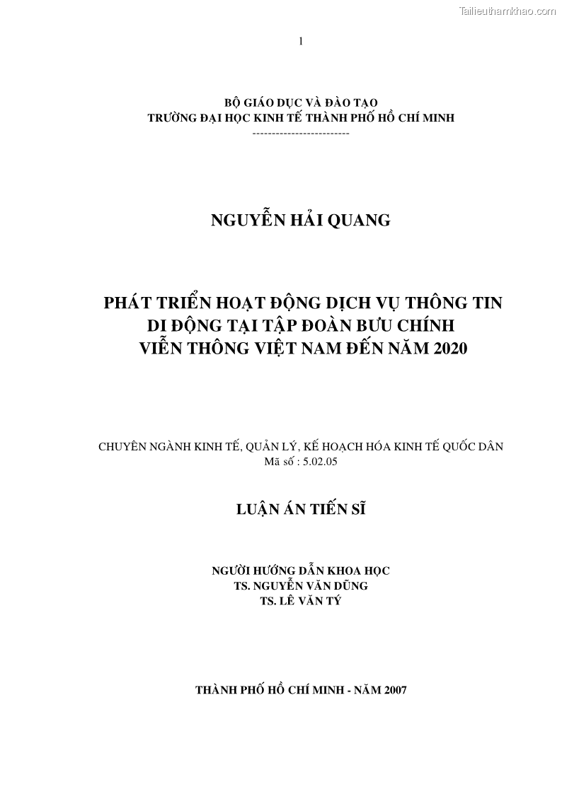 Luận án tiến sĩ Phát triển hoạt động dịch vụ thông tin di động tại Tập đoàn Bưu chính Viễn thông Việt Nam đến năm 2020 - 1 Trang 1
