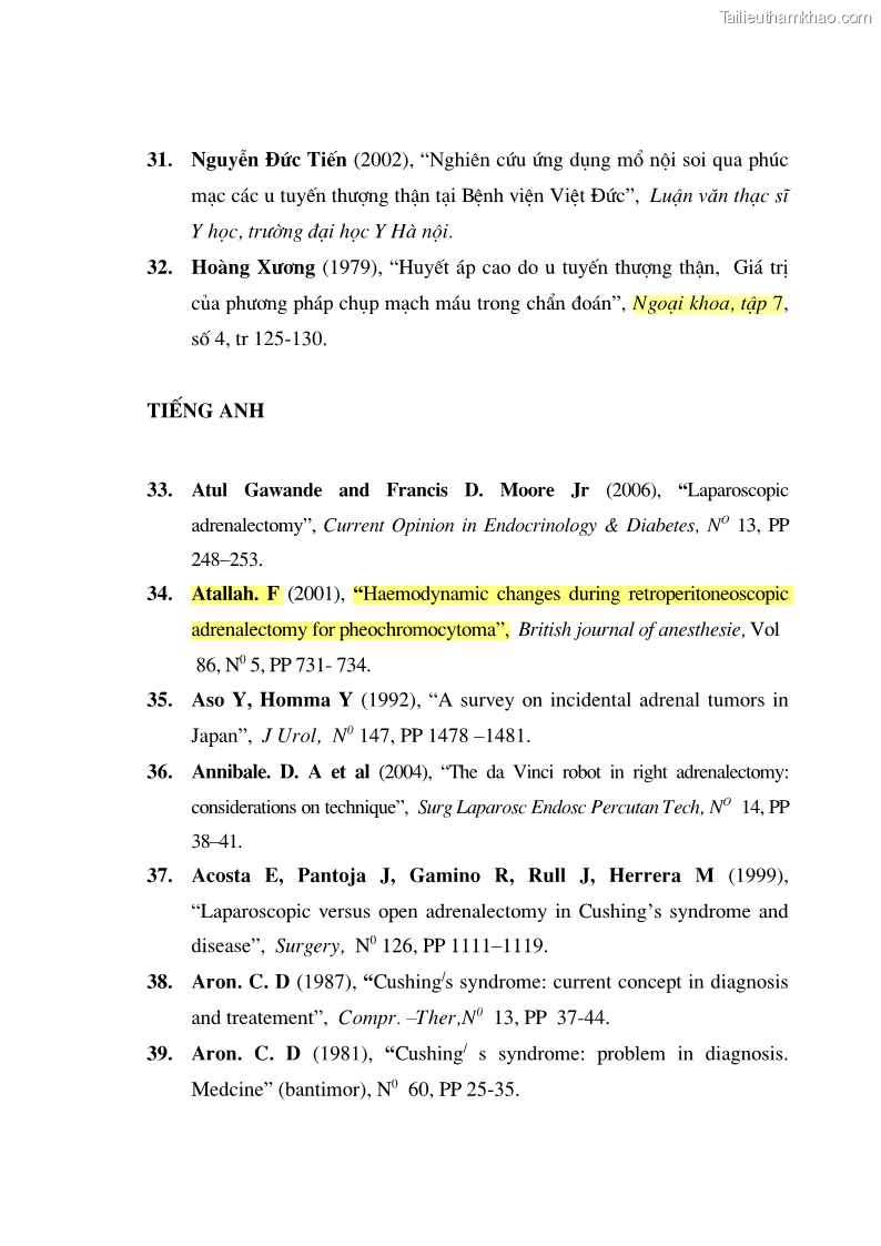 Luận án tiến sĩ y học Nghiên cứu chẩn đoán và điều trị phẫu thuật nội soi các u tuyến thượng thận lành tính tại bệnh viện Việt Đức giai đoạn 1998 - 2005 - 25 Trang 145
