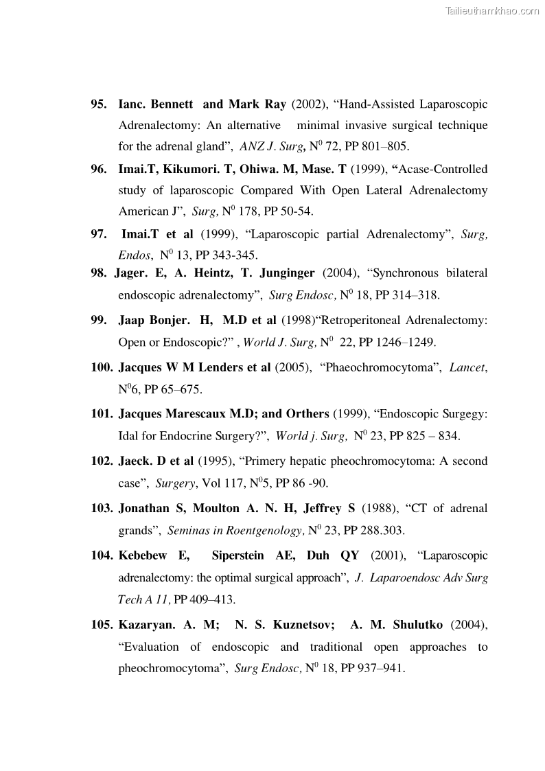 Luận án tiến sĩ y học Nghiên cứu chẩn đoán và điều trị phẫu thuật nội soi các u tuyến thượng thận lành tính tại bệnh viện Việt Đức giai đoạn 1998 - 2005 - 26 Trang 151