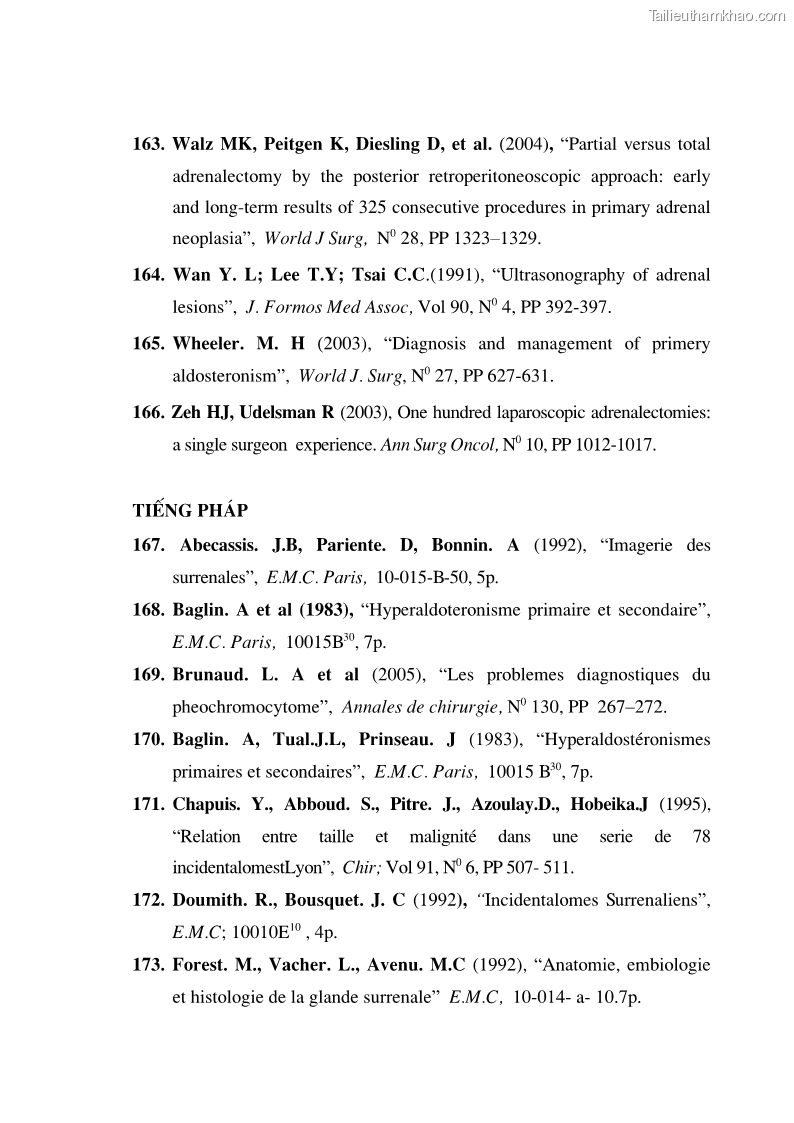 Luận án tiến sĩ y học Nghiên cứu chẩn đoán và điều trị phẫu thuật nội soi các u tuyến thượng thận lành tính tại bệnh viện Việt Đức giai đoạn 1998 - 2005 - 27 Trang 157