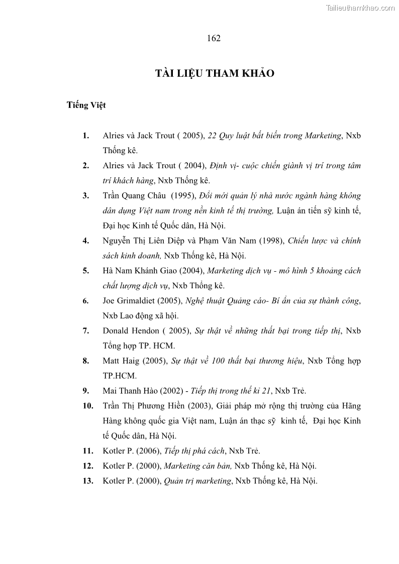 Luận án tiến sĩ kinh tế Các giải pháp Marketing nhằm tăng sức cạnh tranh trong kinh doanh vận chuyển hành khách của Hãng Hàng không Quốc gia Việt Nam - 29 Trang 169