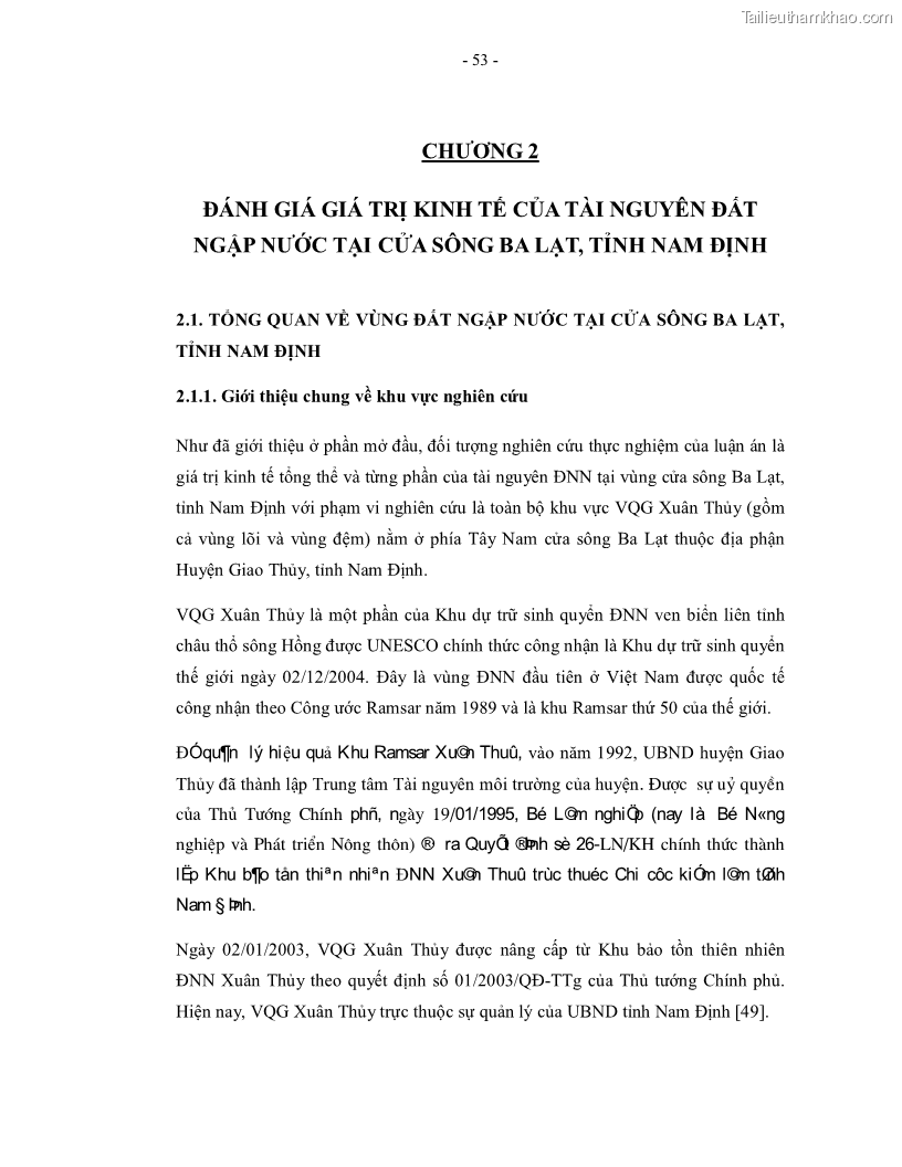 Luận án tiến sĩ kinh tế Giá trị kinh tế của tài nguyên đất ngập nước tại cửa sông Ba Lạt tỉnh Nam Định - 11 Trang 61