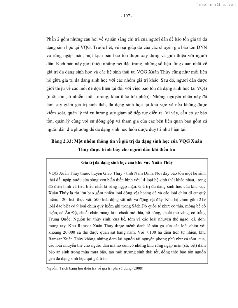 Luận án tiến sĩ kinh tế Giá trị kinh tế của tài nguyên đất ngập nước tại cửa sông Ba Lạt tỉnh Nam Định - 20 Trang 115