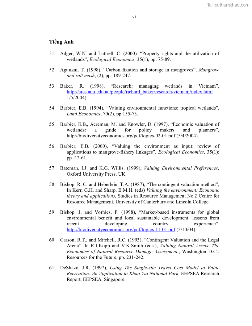 Luận án tiến sĩ kinh tế Giá trị kinh tế của tài nguyên đất ngập nước tại cửa sông Ba Lạt tỉnh Nam Định - 29 Trang 169