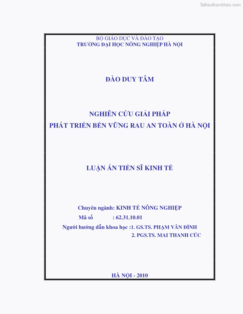 Luận án tiến sĩ kinh tế Nghiên cứu giải pháp phát triển bền vững rau an toàn ở Hà Nội - 1 Trang 1