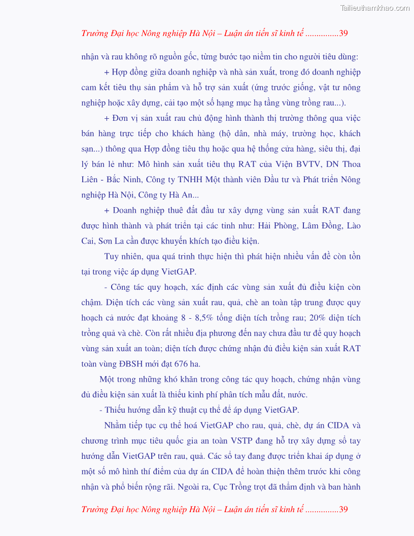 Luận án tiến sĩ kinh tế Nghiên cứu giải pháp phát triển bền vững rau an toàn ở Hà Nội - 10 Trang 55