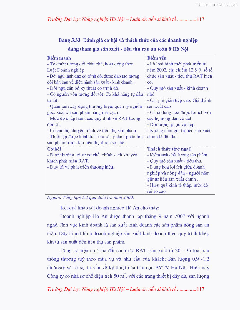 Luận án tiến sĩ kinh tế Nghiên cứu giải pháp phát triển bền vững rau an toàn ở Hà Nội - 23 Trang 133