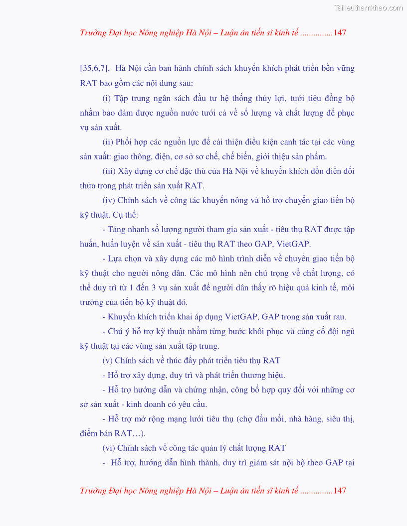 Luận án tiến sĩ kinh tế Nghiên cứu giải pháp phát triển bền vững rau an toàn ở Hà Nội - 28 Trang 163