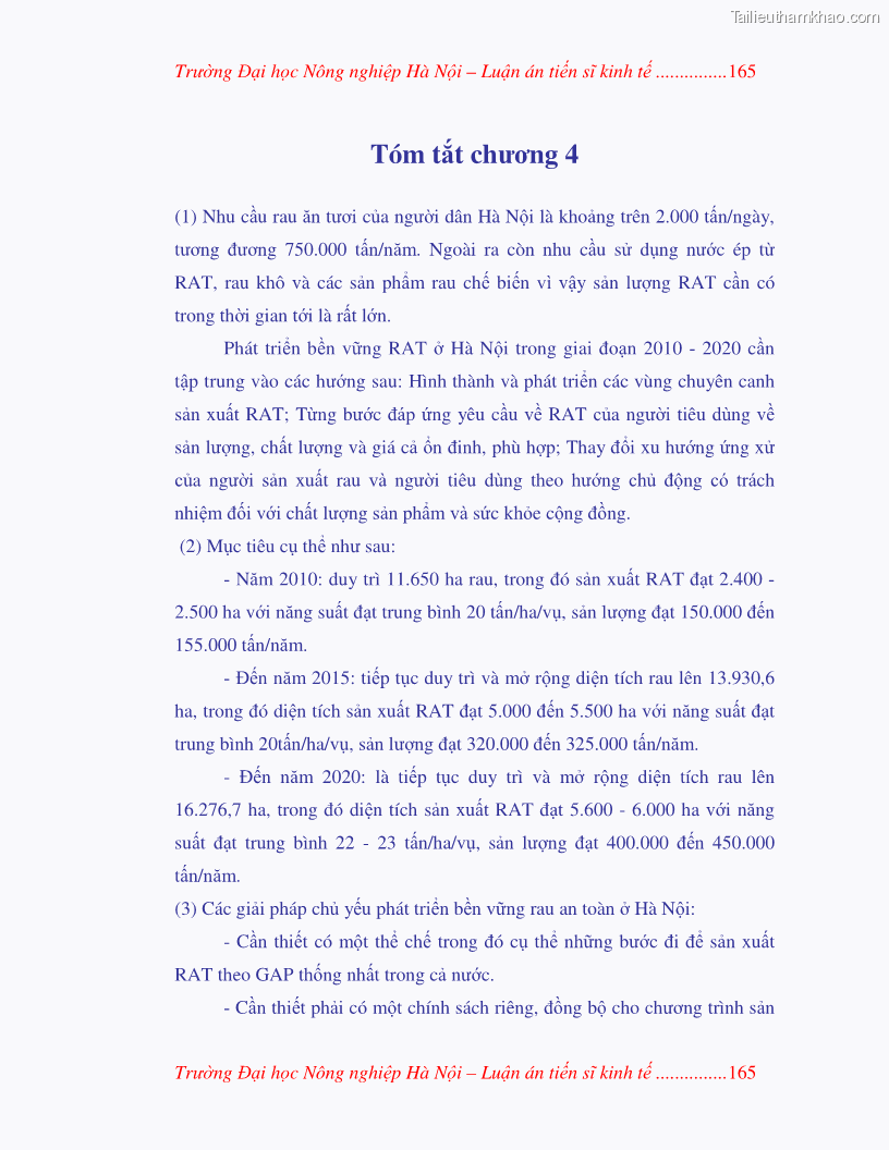 Luận án tiến sĩ kinh tế Nghiên cứu giải pháp phát triển bền vững rau an toàn ở Hà Nội - 31 Trang 181