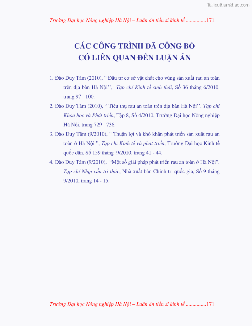 Luận án tiến sĩ kinh tế Nghiên cứu giải pháp phát triển bền vững rau an toàn ở Hà Nội - 32 Trang 187
