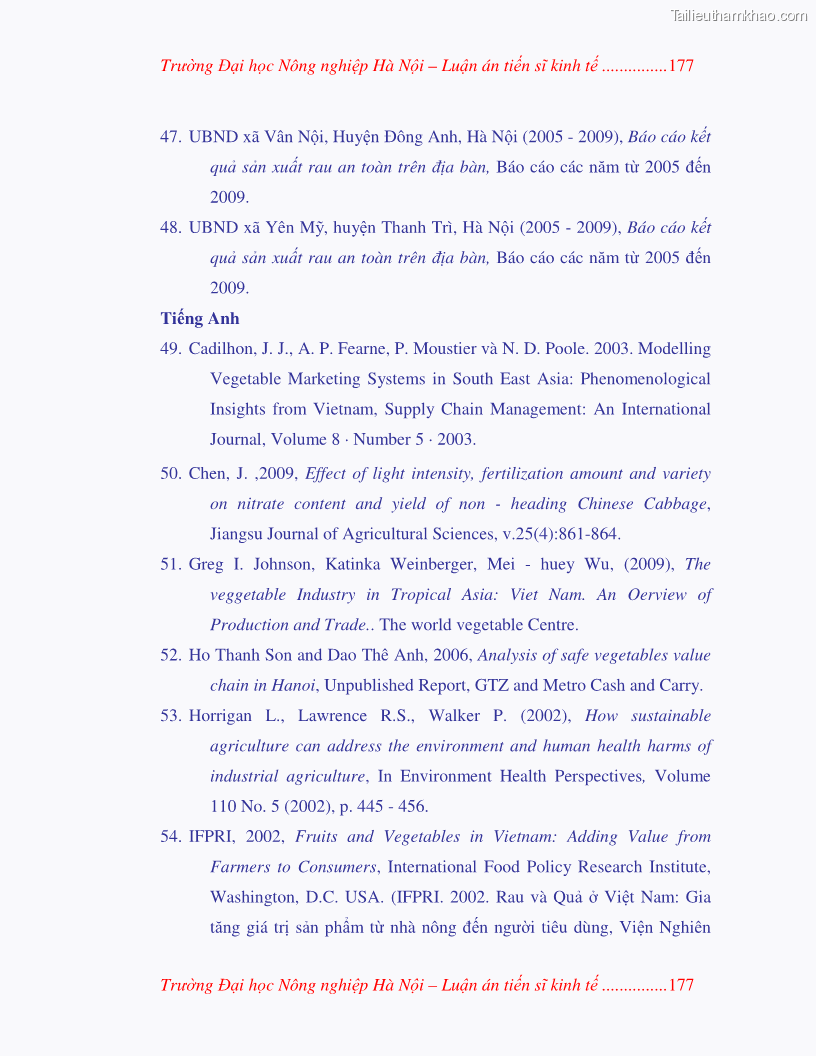 Luận án tiến sĩ kinh tế Nghiên cứu giải pháp phát triển bền vững rau an toàn ở Hà Nội - 33 Trang 193