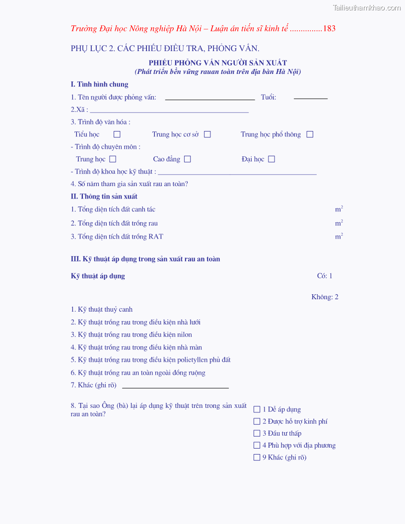 Luận án tiến sĩ kinh tế Nghiên cứu giải pháp phát triển bền vững rau an toàn ở Hà Nội - 34 Trang 199