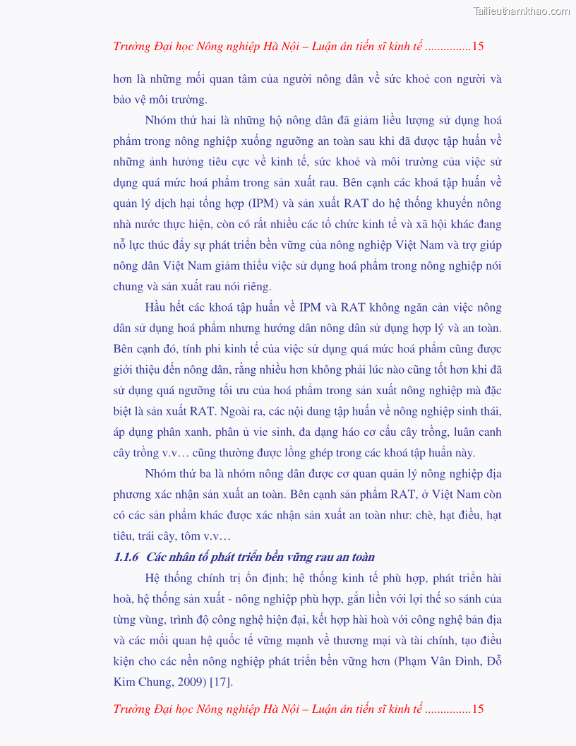 Luận án tiến sĩ kinh tế Nghiên cứu giải pháp phát triển bền vững rau an toàn ở Hà Nội - 6 Trang 31