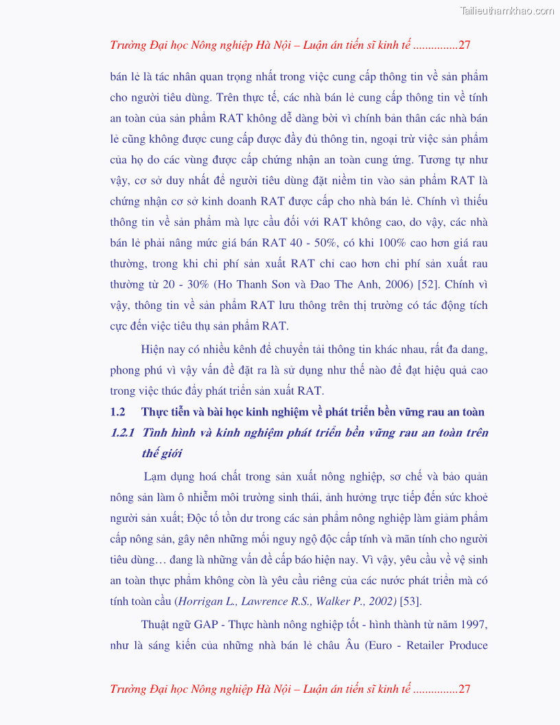 Luận án tiến sĩ kinh tế Nghiên cứu giải pháp phát triển bền vững rau an toàn ở Hà Nội - 8 Trang 43