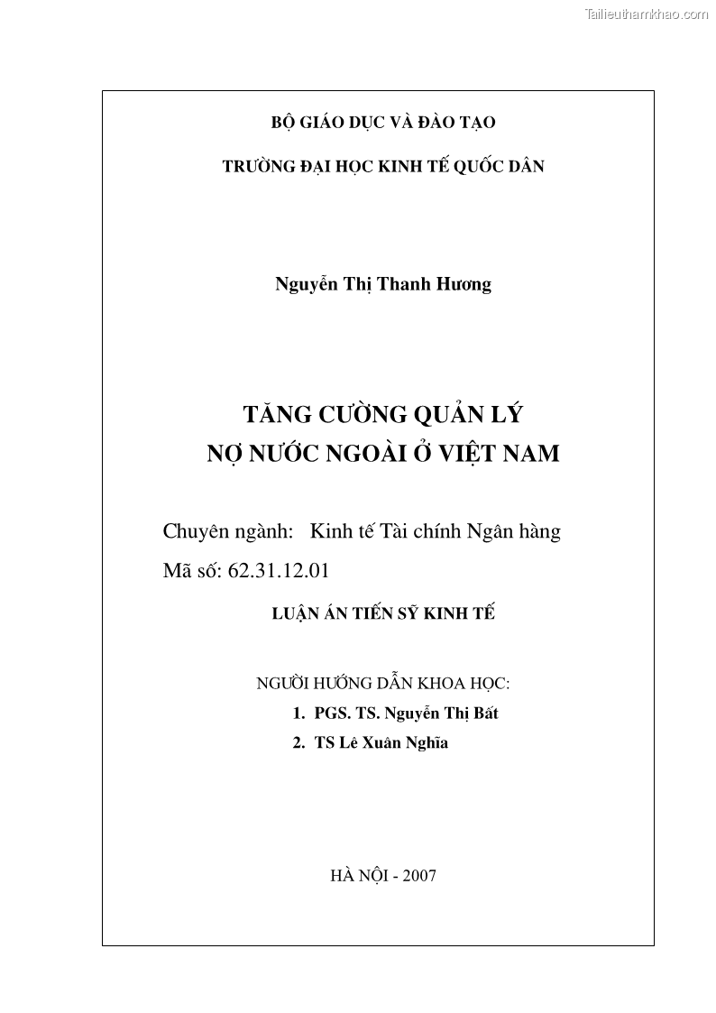 Luận án tiến sĩ kinh tế Tăng cường quản lý nợ nước ngoài ở Việt Nam - 1 Trang 1