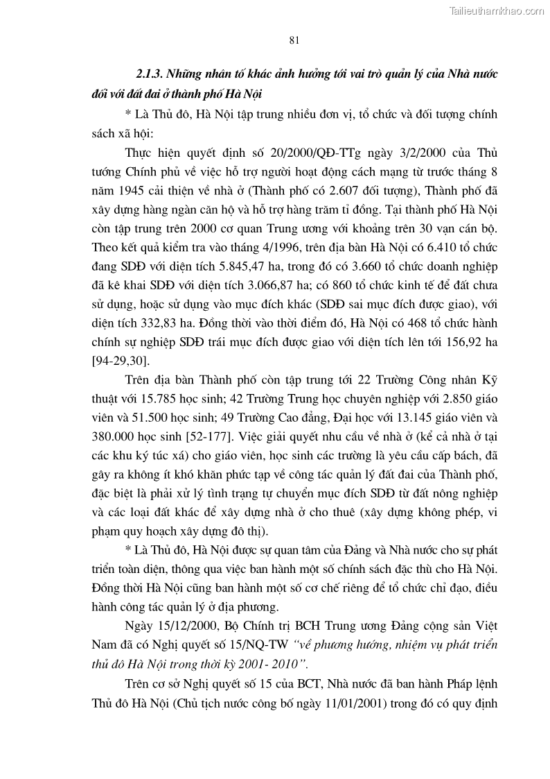 Luận án tiến sĩ kinh tế Tăng cường vai trò quản lý của nhà nước đối với đất đai trong quá trình đô thị hóa ở thành phố Hà Nội - 15 Trang 85