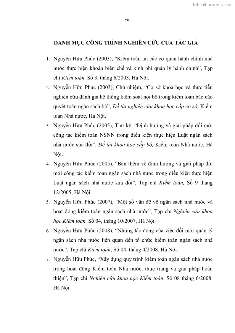 Luận án tiến sĩ kinh tế Tổ chức kiểm toán ngân sách nhà nước do Kiểm toán Nhà nước Việt Nam thực hiện - 36 Trang 211