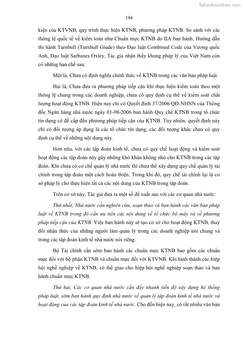 Luận án tiến sĩ kinh tế Tổ chức kiểm toán nội bộ trong các tập đoàn kinh tế của Việt Nam - 34 Trang 199