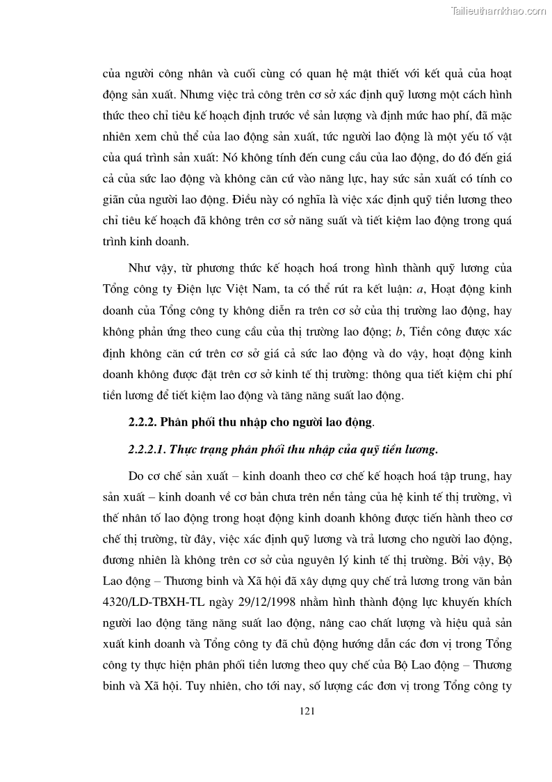 Luận án tiến sĩ kinh tế Vận dụng quan hệ phân phối thu nhập cá nhân trong nền kinh tế thị trường định hướng xã hội chủ nghĩa vào Tập đoàn Điện lực Việt Nam - 21 Trang 121