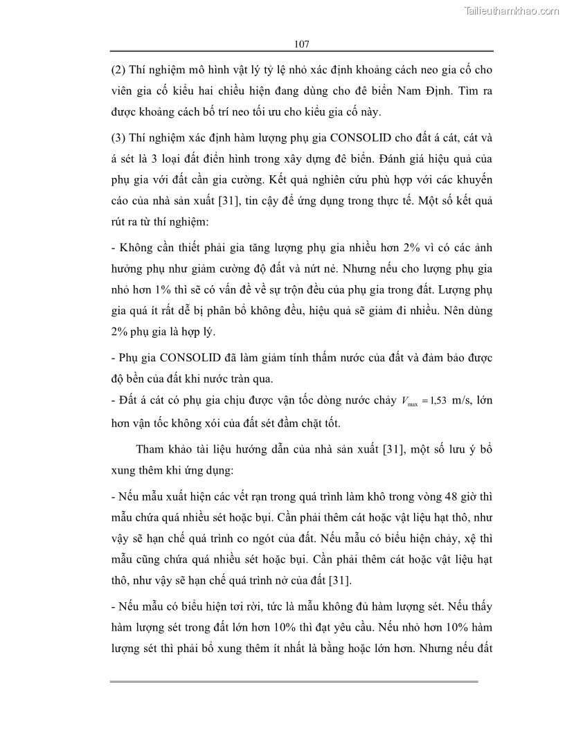 Luận án tiến sĩ Nghiên cứu các giải pháp tăng cường ổn định bảo vệ mái đê biển tràn nước - 21 Trang 121