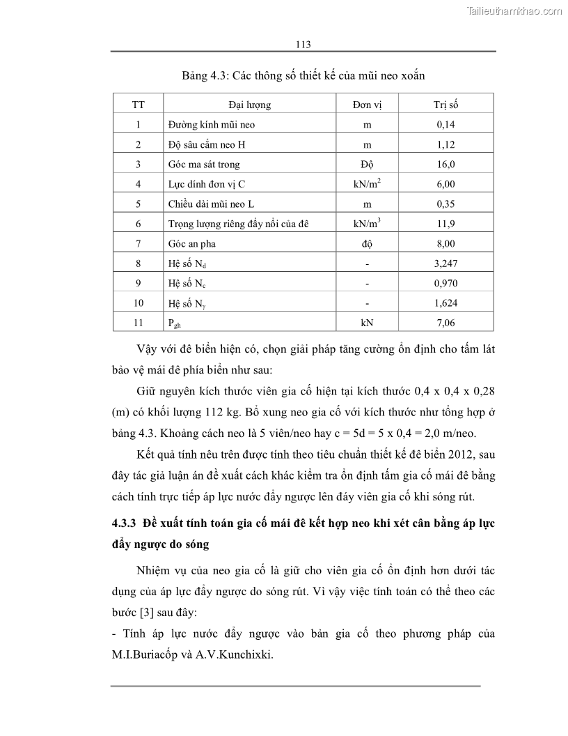 Luận án tiến sĩ Nghiên cứu các giải pháp tăng cường ổn định bảo vệ mái đê biển tràn nước - 22 Trang 127