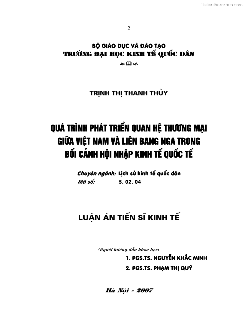 Luận án tiến sĩ quốc tế Quá trình phát triển quan hệ thương mại giữa Việt Nam và Liên Bang Nga trong bối cảnh hội nhập kinh tế quốc tế - 1 Trang 1