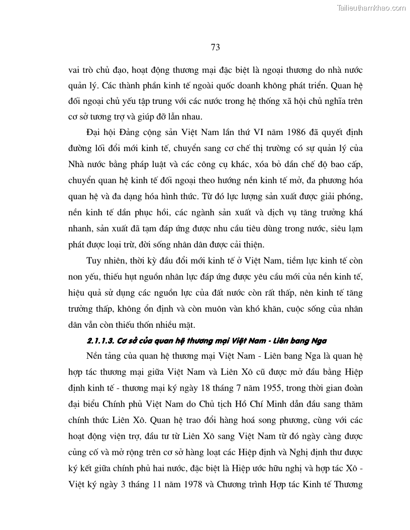 Luận án tiến sĩ quốc tế Quá trình phát triển quan hệ thương mại giữa Việt Nam và Liên Bang Nga trong bối cảnh hội nhập kinh tế quốc tế - 13 Trang 73