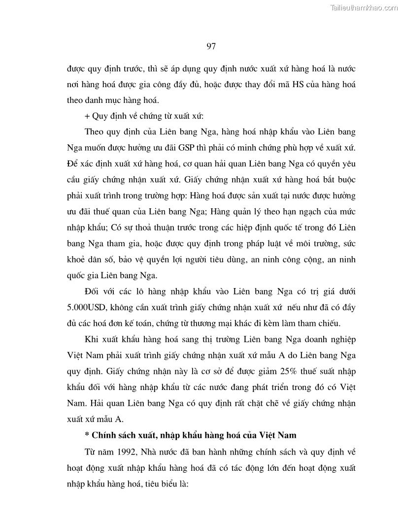 Luận án tiến sĩ quốc tế Quá trình phát triển quan hệ thương mại giữa Việt Nam và Liên Bang Nga trong bối cảnh hội nhập kinh tế quốc tế - 17 Trang 97